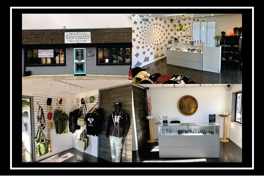 Collage of four images showing the interior of Colorado Hemp Company.